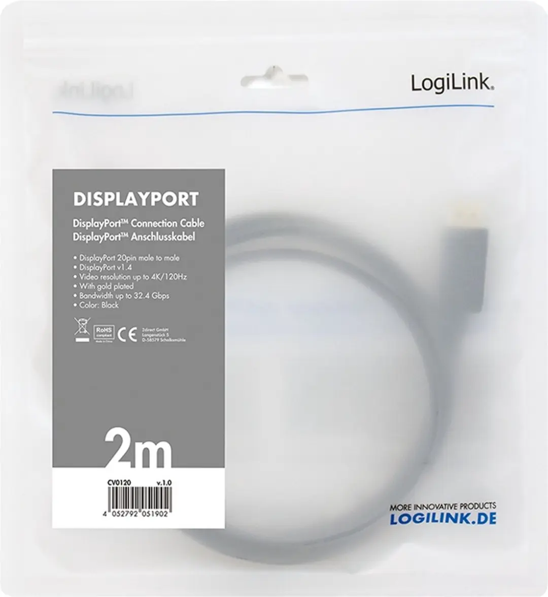 Logilink DisplayPort 1.4 Kabel 2.00m - Zwart - afbeelding 6 van 6