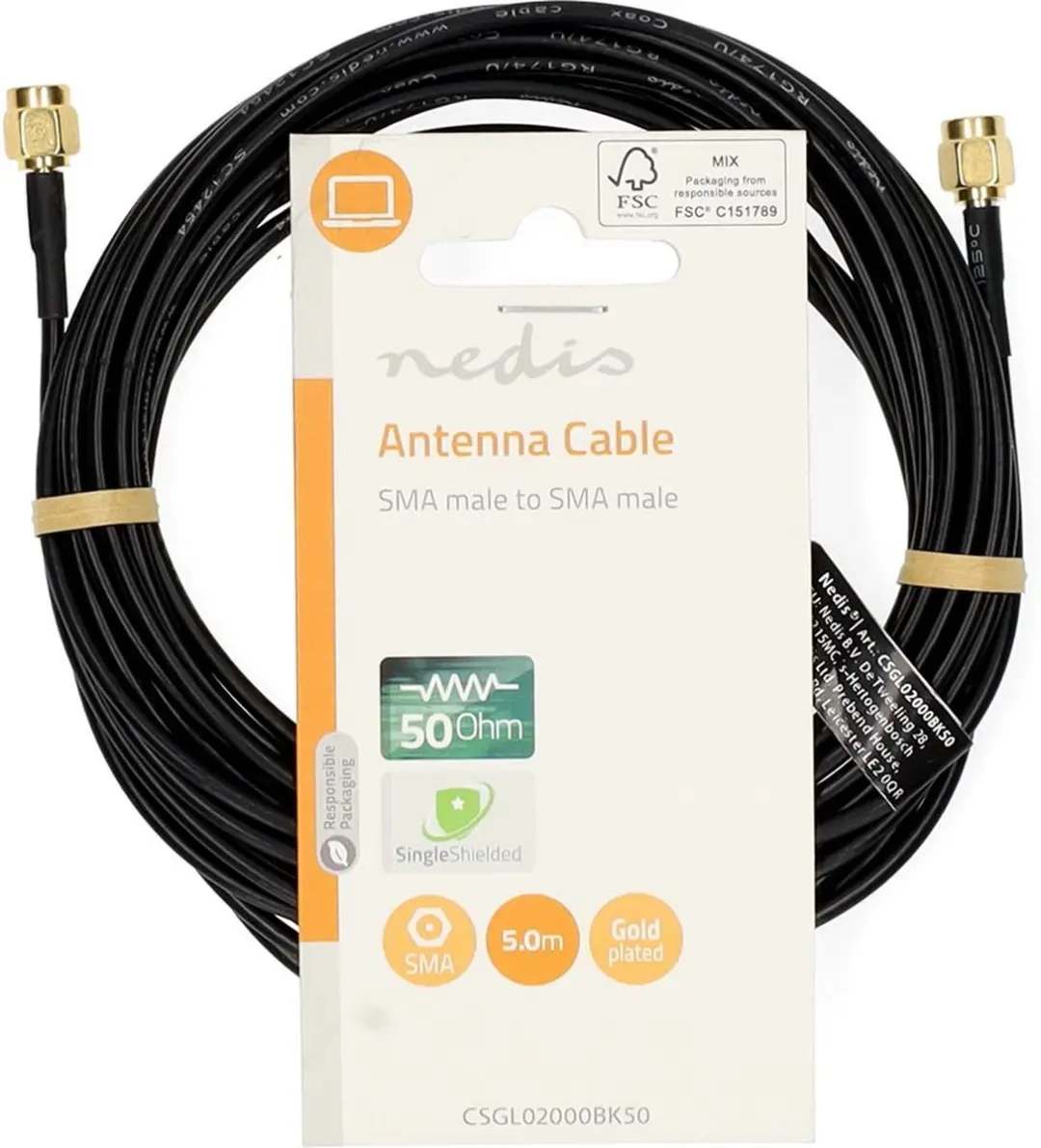 Nedis SMA Antennekabel 5m - Verguld - 50 Ohm - Zwart