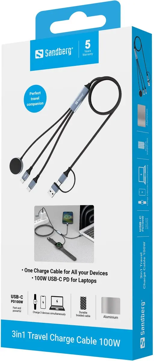 Sandberg 441-69 USB-kabel 1,2m USB-A/USB-C 100W - Zwart