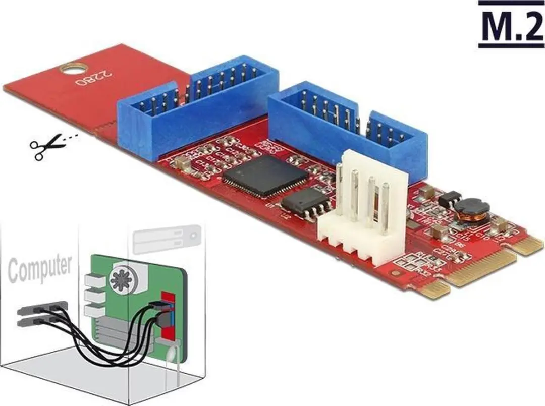 Delock M.2 Key B+M naar 2x USB 5Gbps Pin Header - Zwart