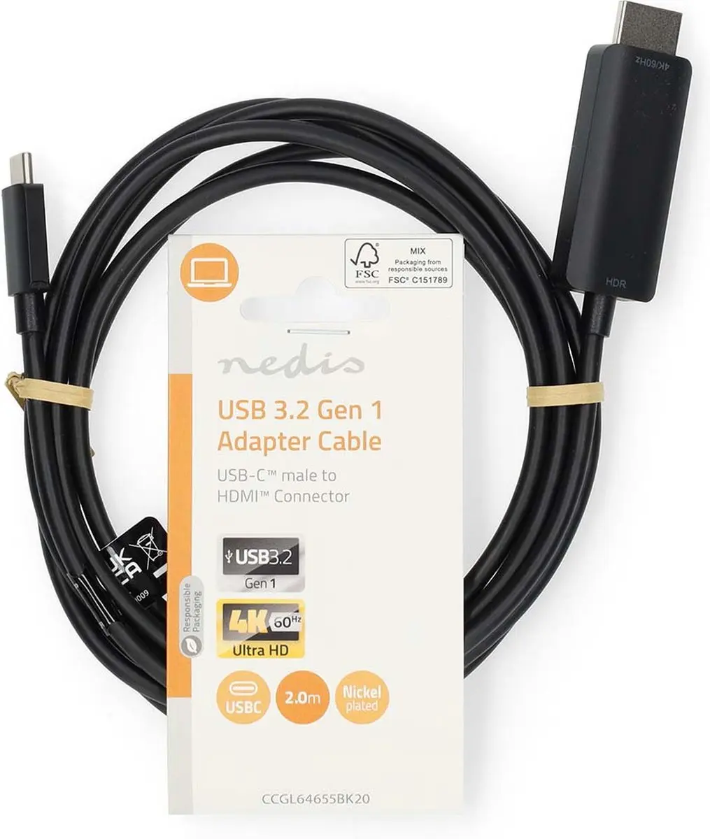 Nedis CCGL64655BK20 USB-C naar HDMI Adapter 4K@60Hz - 2m - Zwart