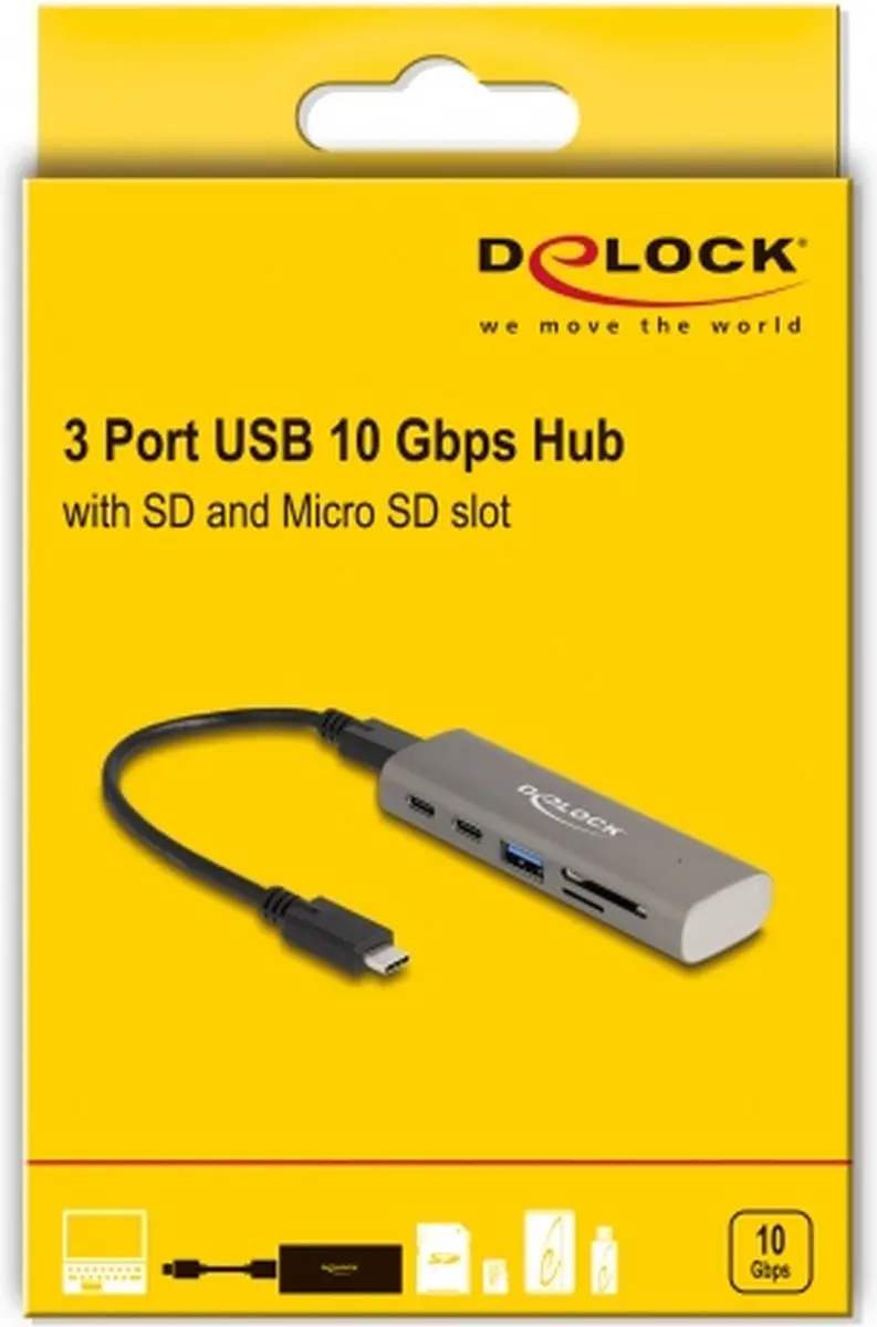 Delock 64236 USB Hub 10 Gbps - 3 Poorten - SD/MicroSD Reader - Grijs