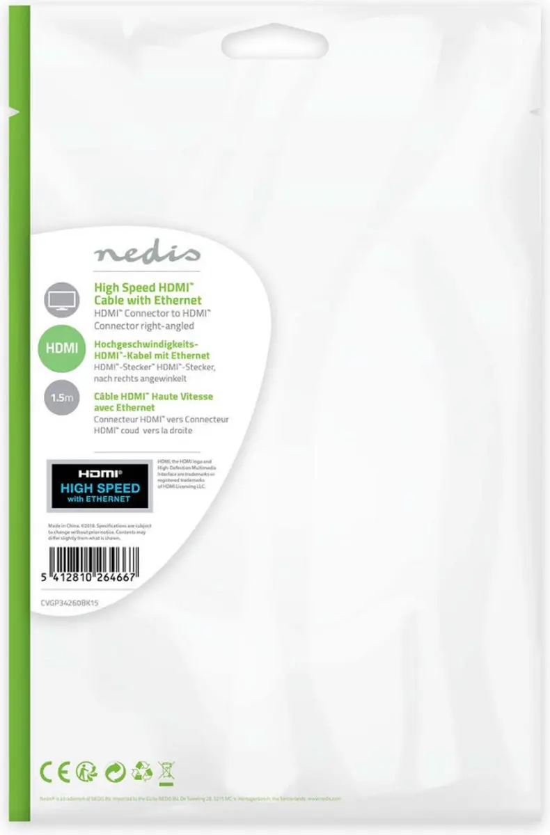 Nedis HDMI-Kabel CVGP34260BK15 4K 1.5m - Rechtshoek - Ethernet
