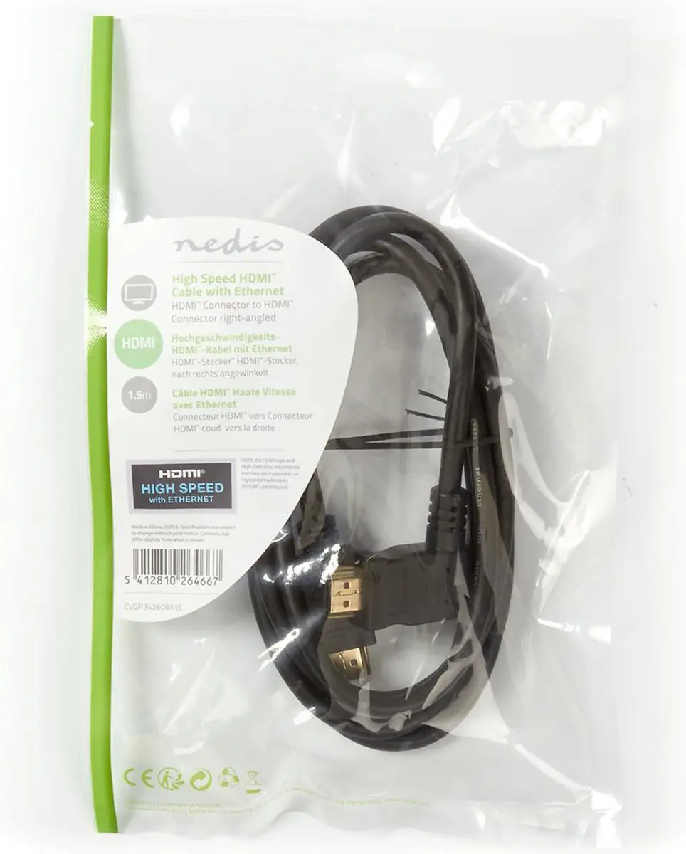 Nedis HDMI-Kabel CVGP34260BK15 4K 1.5m - Rechtshoek - Ethernet