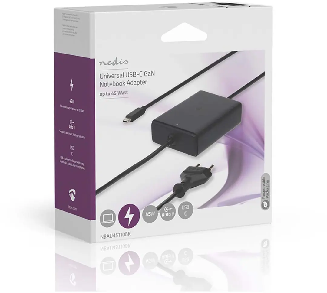 Nedis GaN Notebook-Adapter NBAU45110BK 45W - Zwart