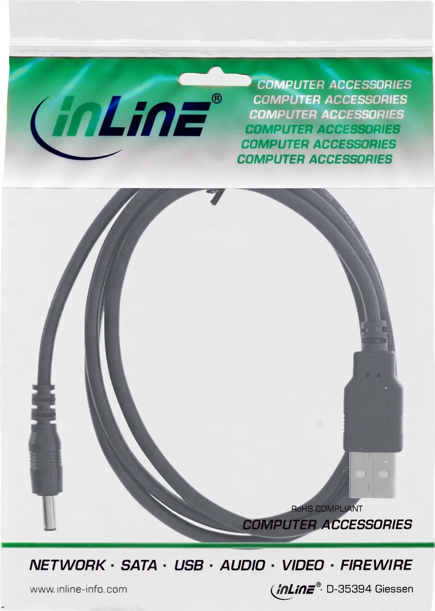 InLine USB-A naar DC 3,5x1,35mm Kabel 1m - 5V/3A Zwart