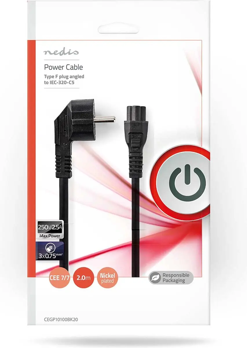 Nedis Stroomkabel Type F CEGL10100BK20 - 2m - Gehoekt - Zwart