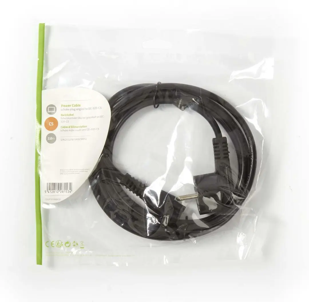 Nedis Stroomkabel Type F CEGL10100BK20 - 2m - Gehoekt - Zwart