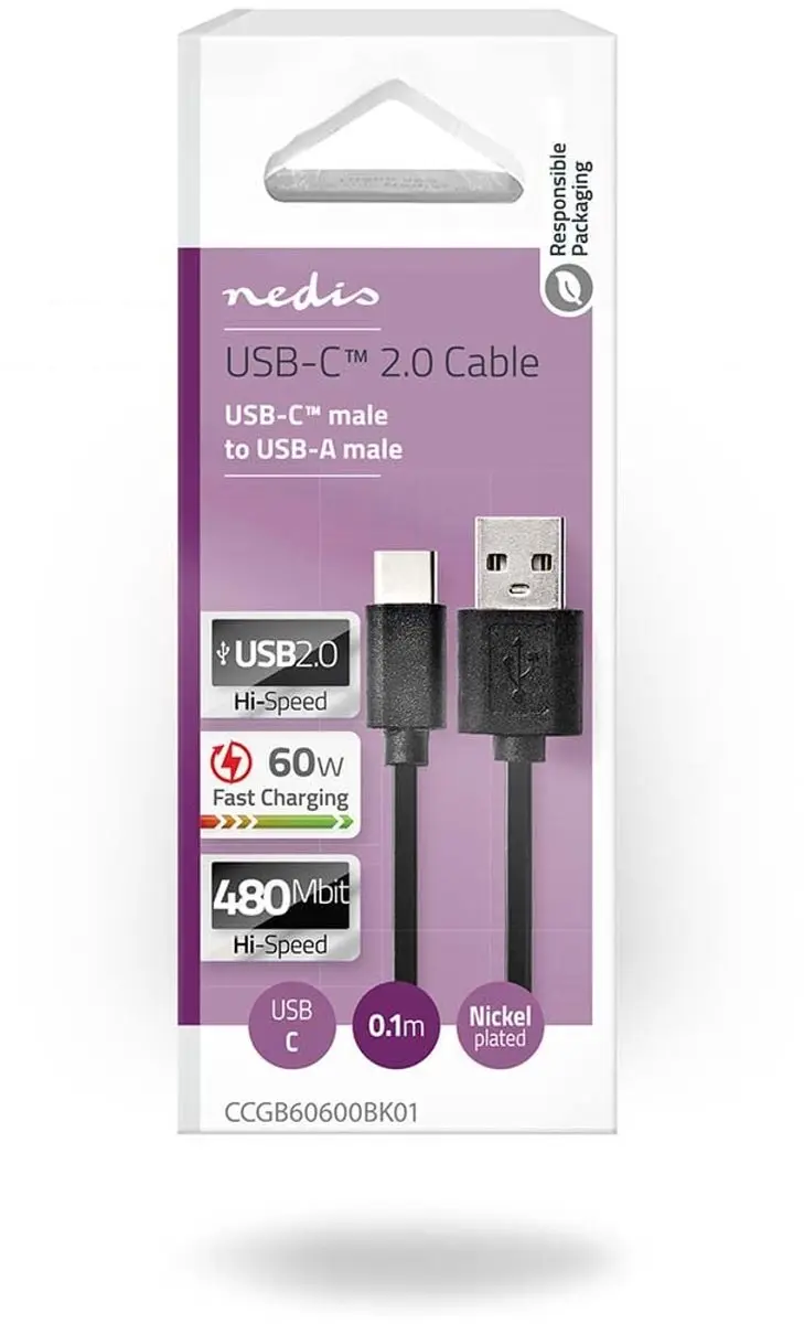 Nedis USB 2.0 USB-A naar USB-C Kabel 15W 480Mbps 0,1m - Zwart