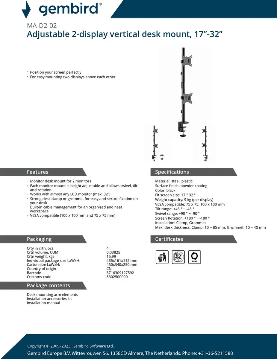 Gembird MA-D2 Monitorarm 2 Schermen - Verticaal - 17-32" - Zwart