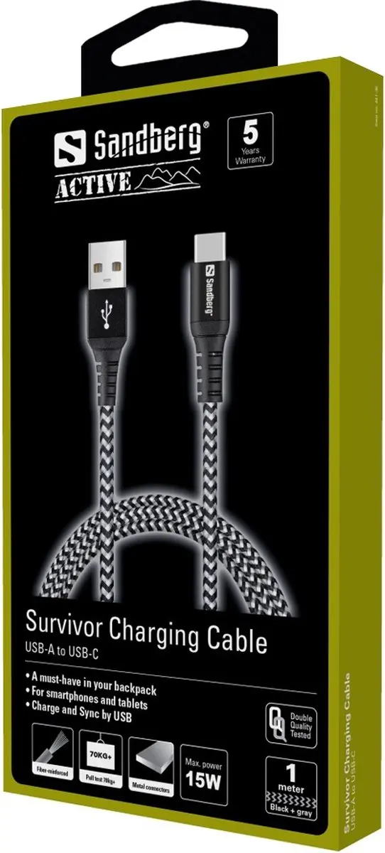 Sandberg Survivor USB A naar USB C Kabel 1M - Zwart/Grijs