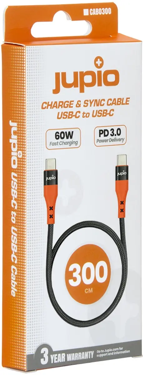 Jupio USB-C Kabel 300cm 60W - Zwart/Oranje