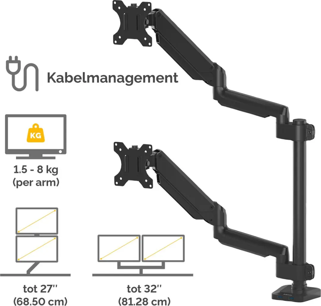 Fellowes Platinum Monitor Arm 8043401 - 2x Verticaal 27" - USB - Zwart