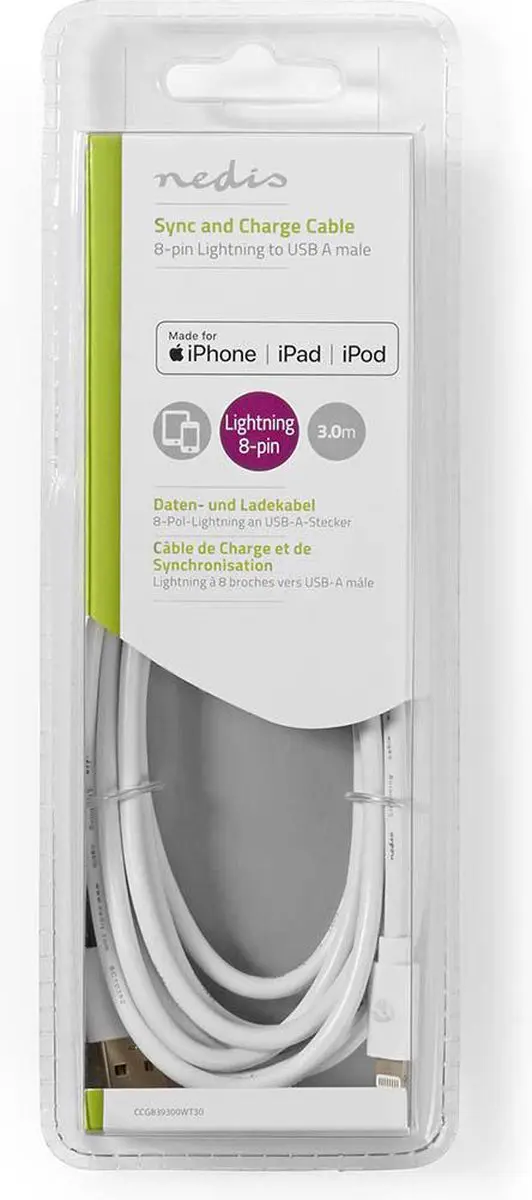 Nedis Lightning Kabel USB-A 3m - Wit