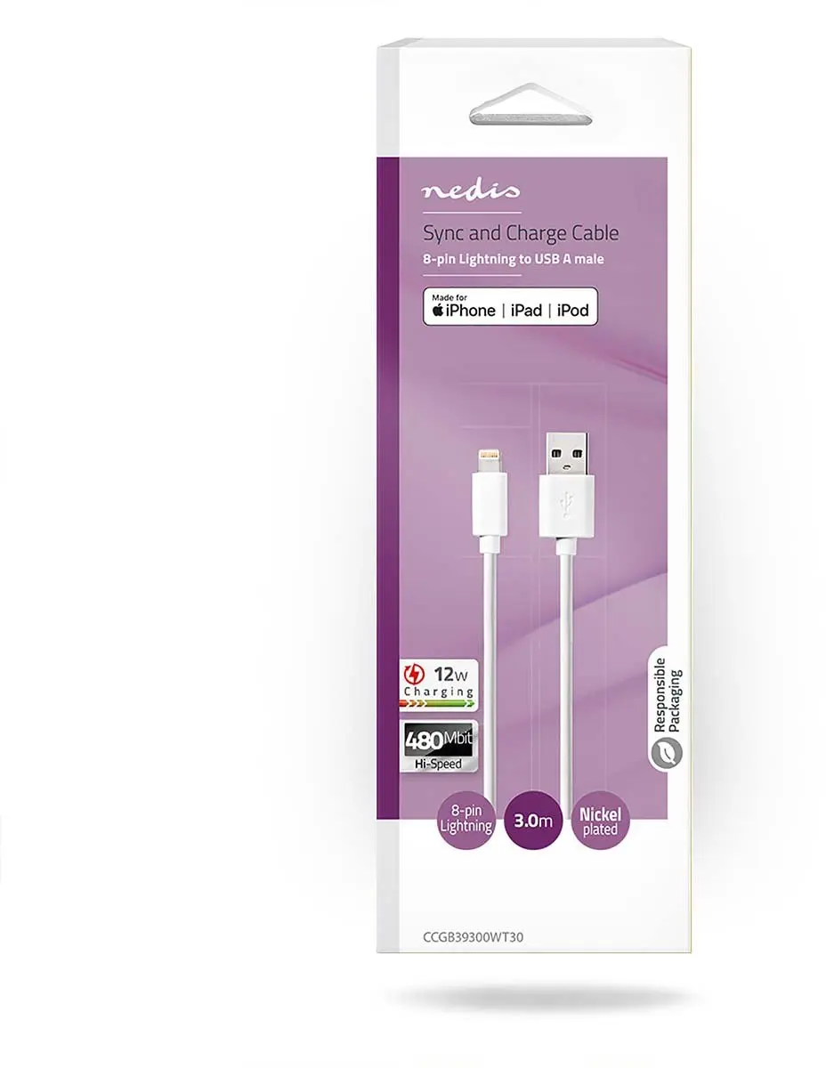 Nedis Lightning Kabel USB-A 3m - Wit