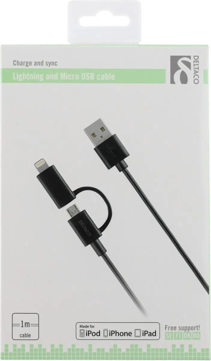 Deltaco IPLH-212 USB-A naar Lightning & Micro-USB Kabel - 1m - Zwart
