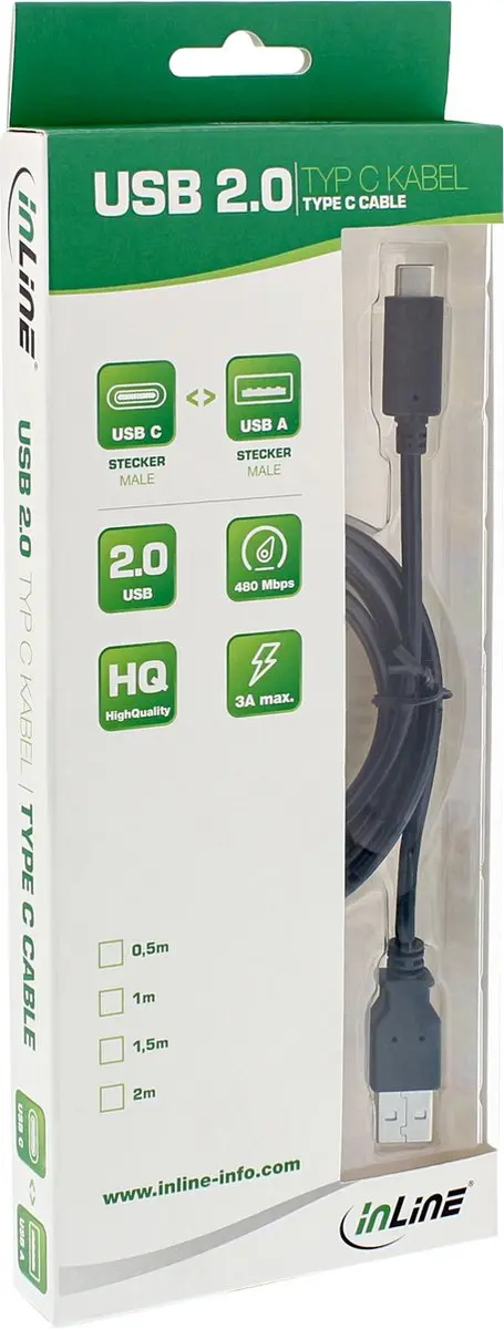 InLine USB A naar USB C Kabel 2m - USB 2.0 - Zwart