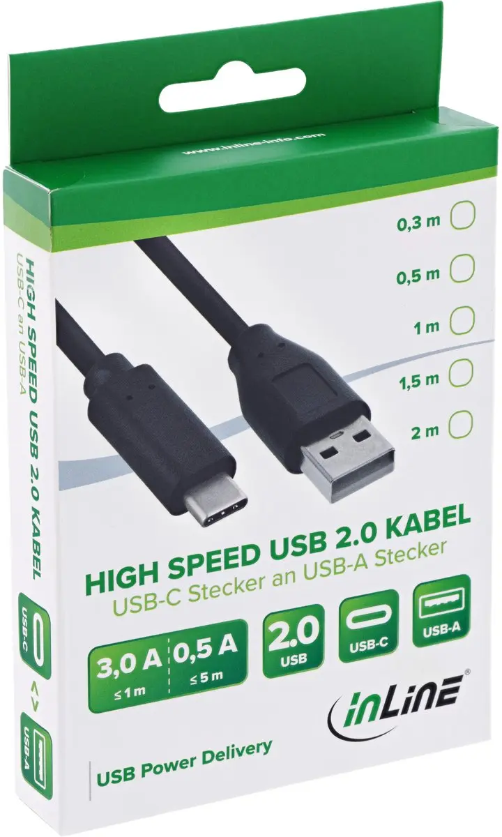 InLine USB A naar USB C Kabel 2m - USB 2.0 - Zwart