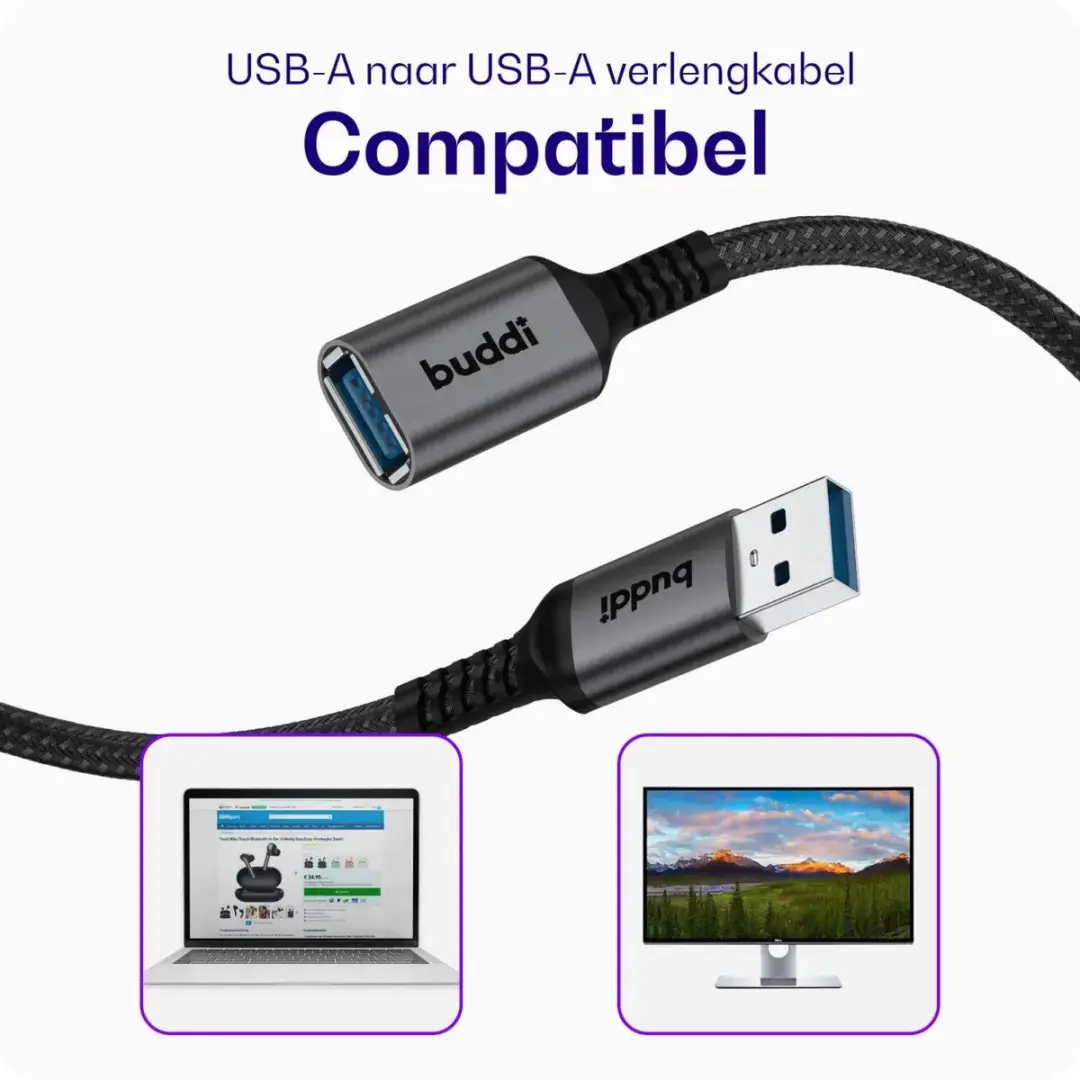 Buddi Flex USB-A Verlengkabel USB 3.0 Female naar Male 2M - Zwart