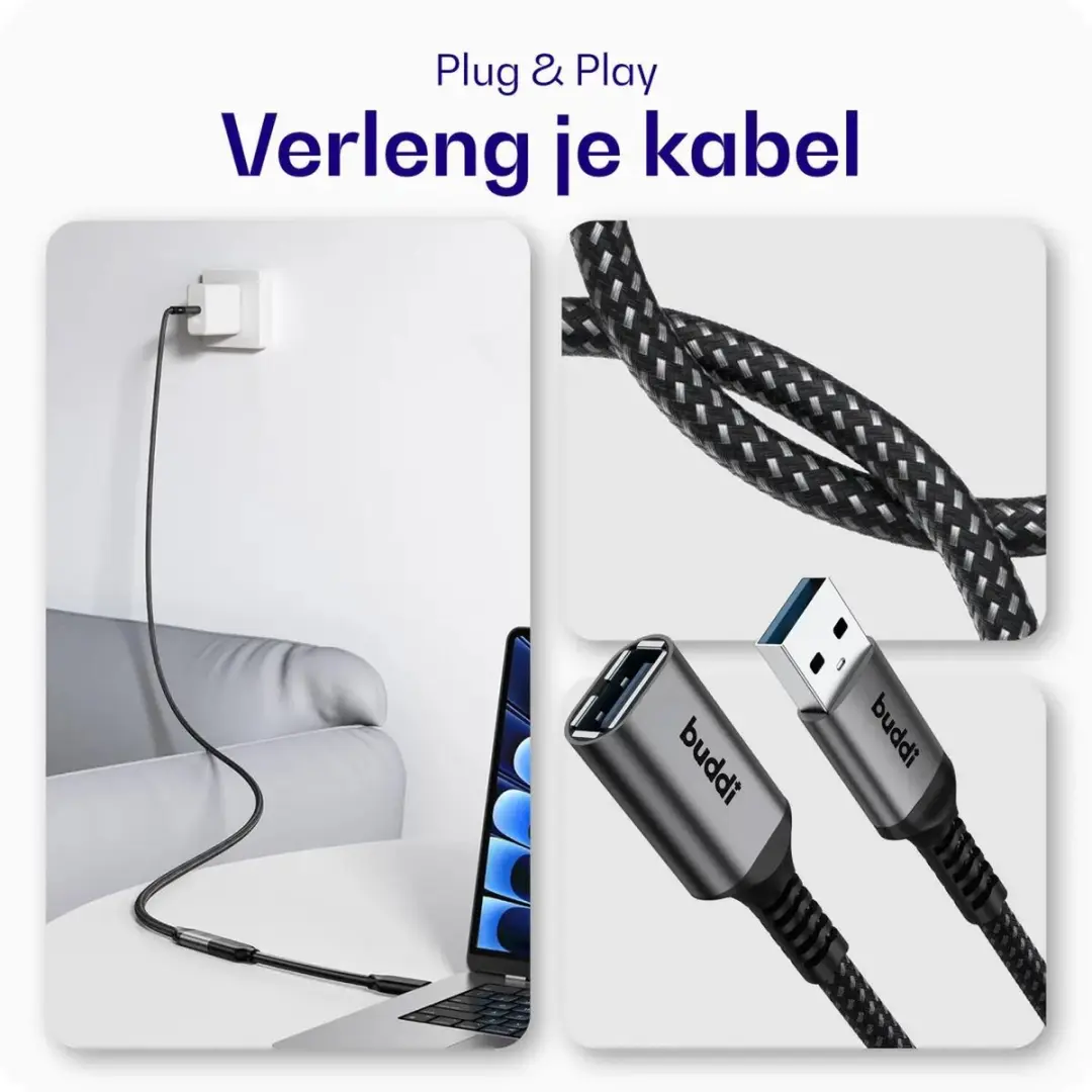 Buddi Flex USB-A Verlengkabel USB 3.0 Female naar Male 2M - Zwart