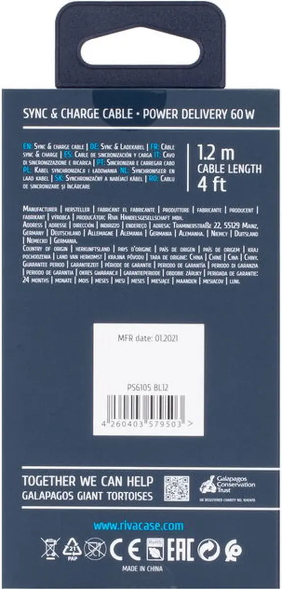 Rivacase PS6105 USB-C Kabel 1,2m - Wit