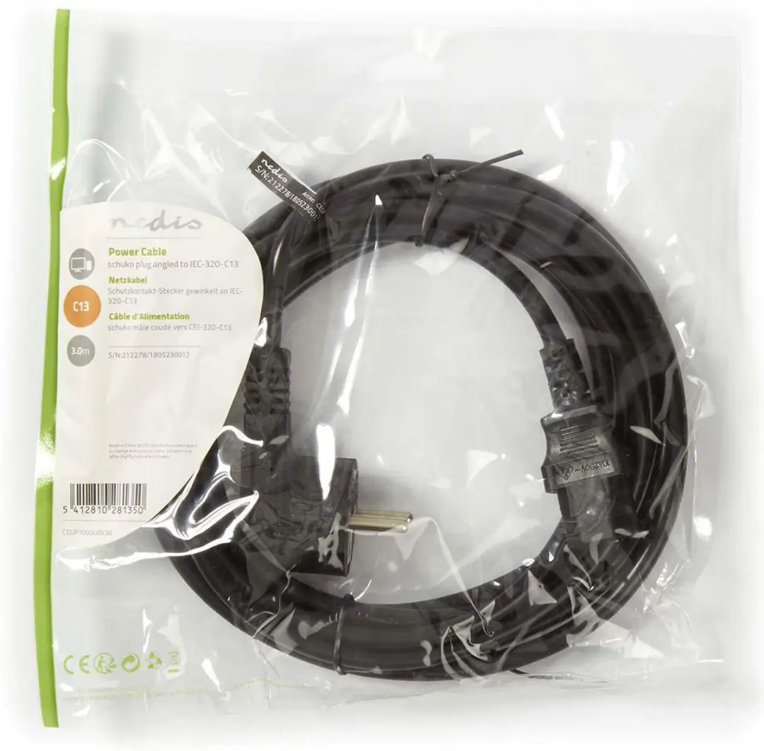 Nedis Stroomkabel Type F CEGL10000BK30 - 3m - Gehoekt