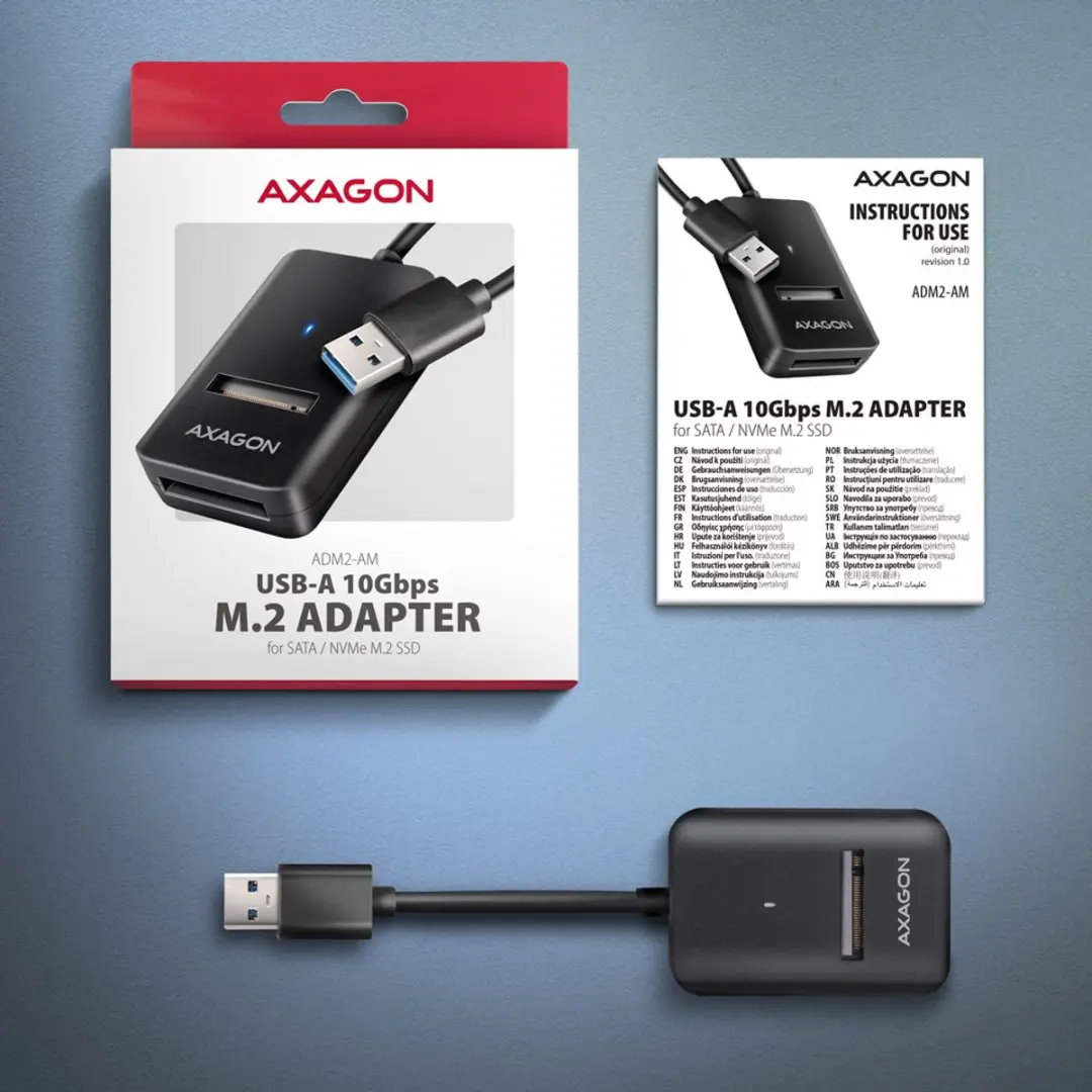 AXAGON ADM2-AM USB-A 10Gbps - M.2 NVMe & SATA SSD adapter, 10cm USB-A cable