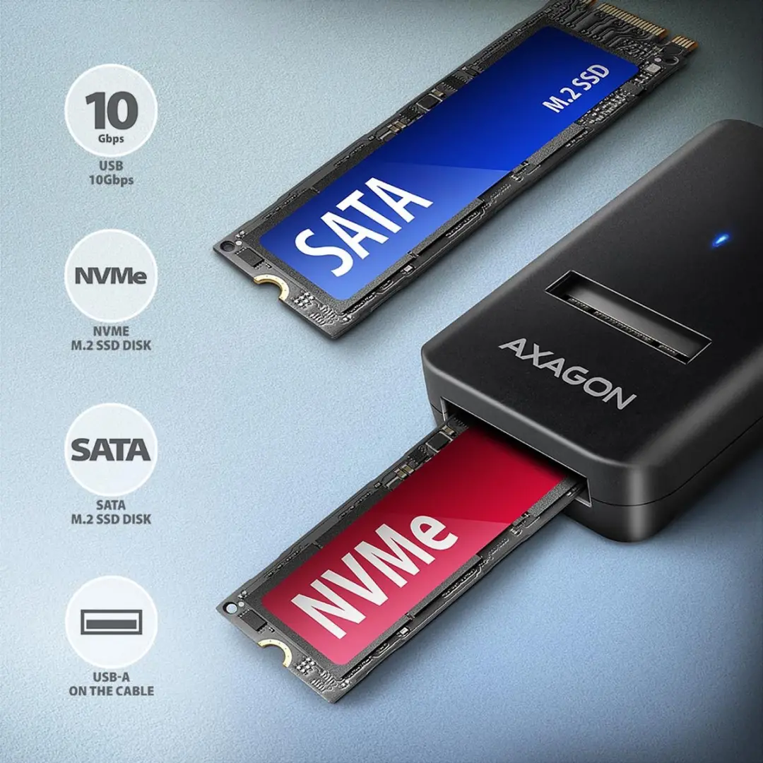 AXAGON ADM2-AM USB-A 10Gbps - M.2 NVMe & SATA SSD adapter, 10cm USB-A cable
