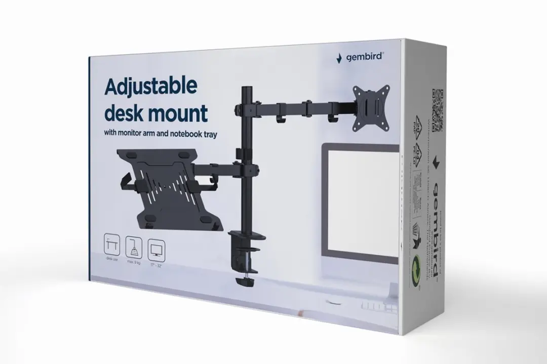 Gembird MA-DA-03 Verstelbare Bureaubeugel - 2 Monitoren/Laptop - 32" - Zwart