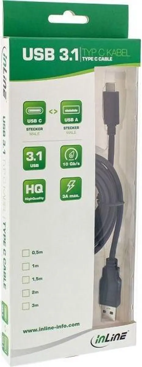 InLine USB-A naar USB-C Kabel USB 3.2 Gen 1 0,5m - Zwart
