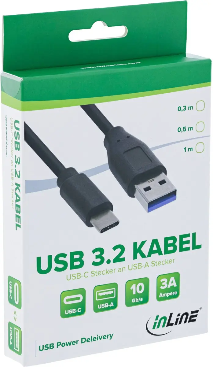 InLine USB-A naar USB-C Kabel USB 3.2 Gen 1 0,5m - Zwart