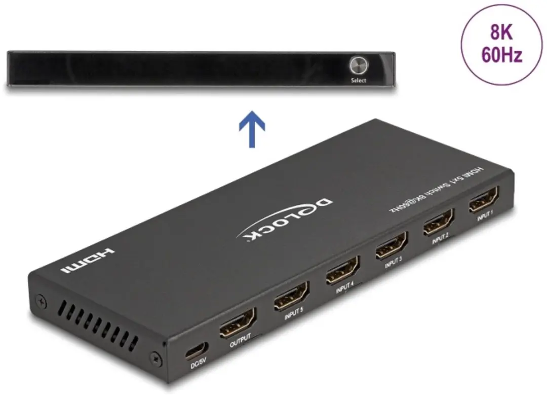 Delock HDMI Switch 5x HDMI naar 1x HDMI 8K 60Hz - Zwart