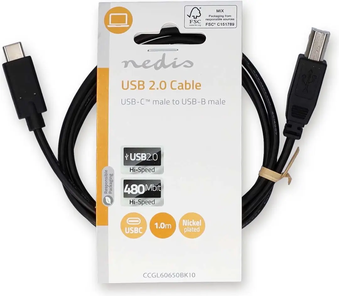 Nedis USB 2.0 USB-C naar USB-B Kabel 1m - Zwart