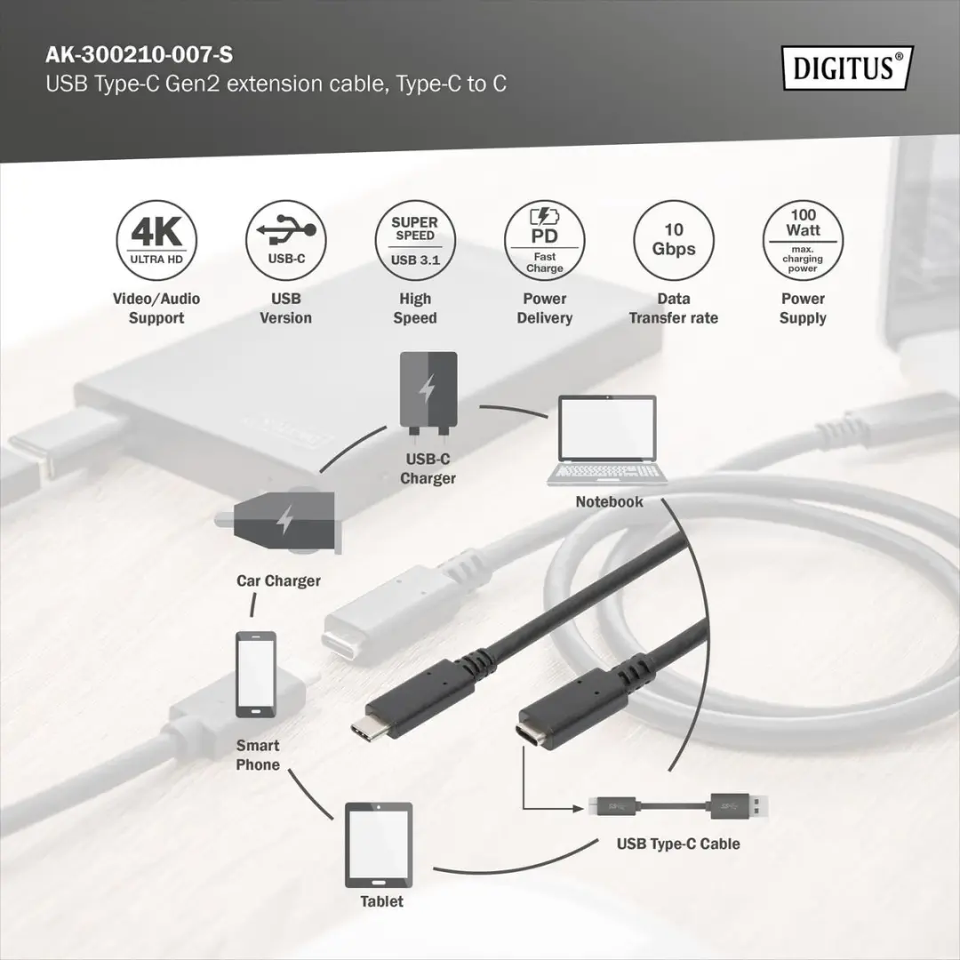 Digitus USB-C Kabel 3.2 Gen1 0.70m - Zwart