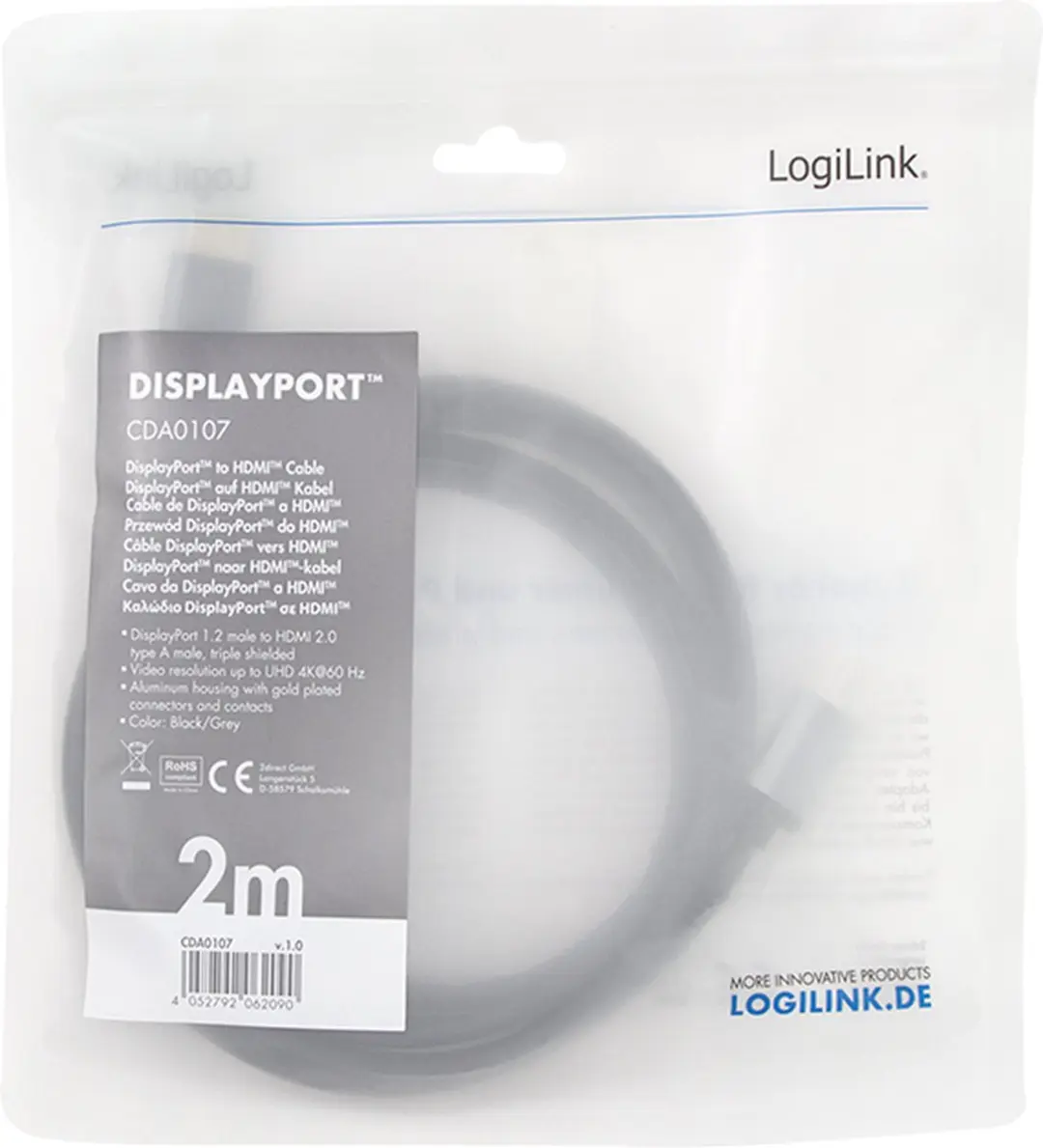 Logilink CDA0107 DisplayPort naar HDMI Kabel - 2m - Zwart/Grijs