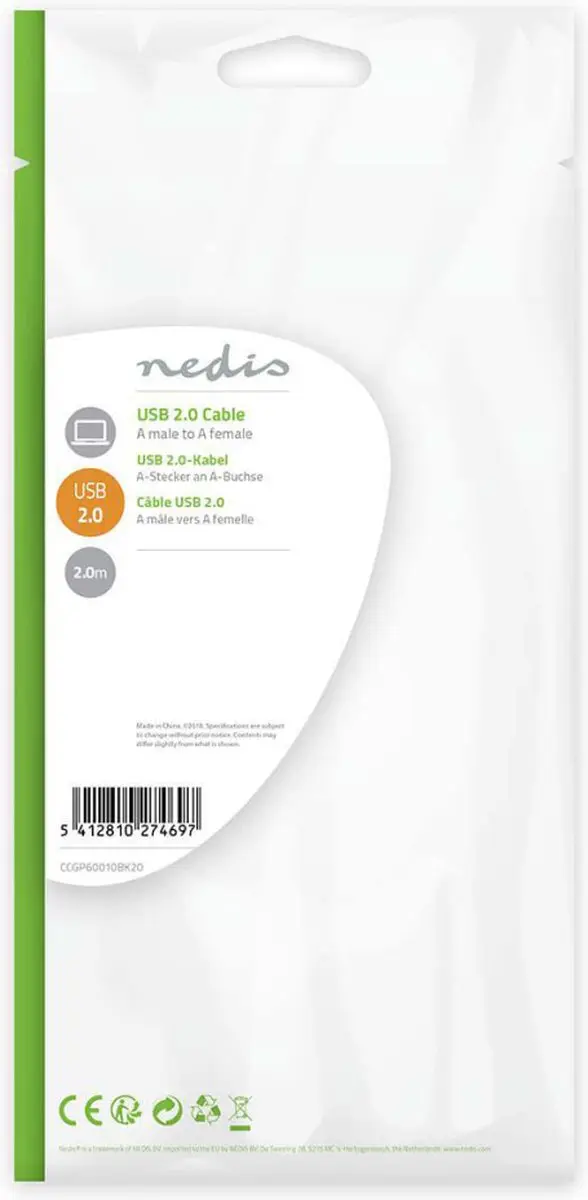 Nedis USB 2.0 A-A Kabel 2m - Zwart