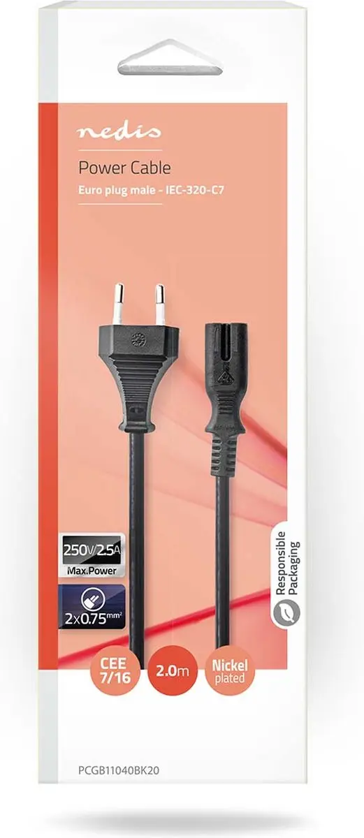 Nedis Stroomkabel PCGB11040BK20 - IEC-320-C7 - 2.00m - Zwart