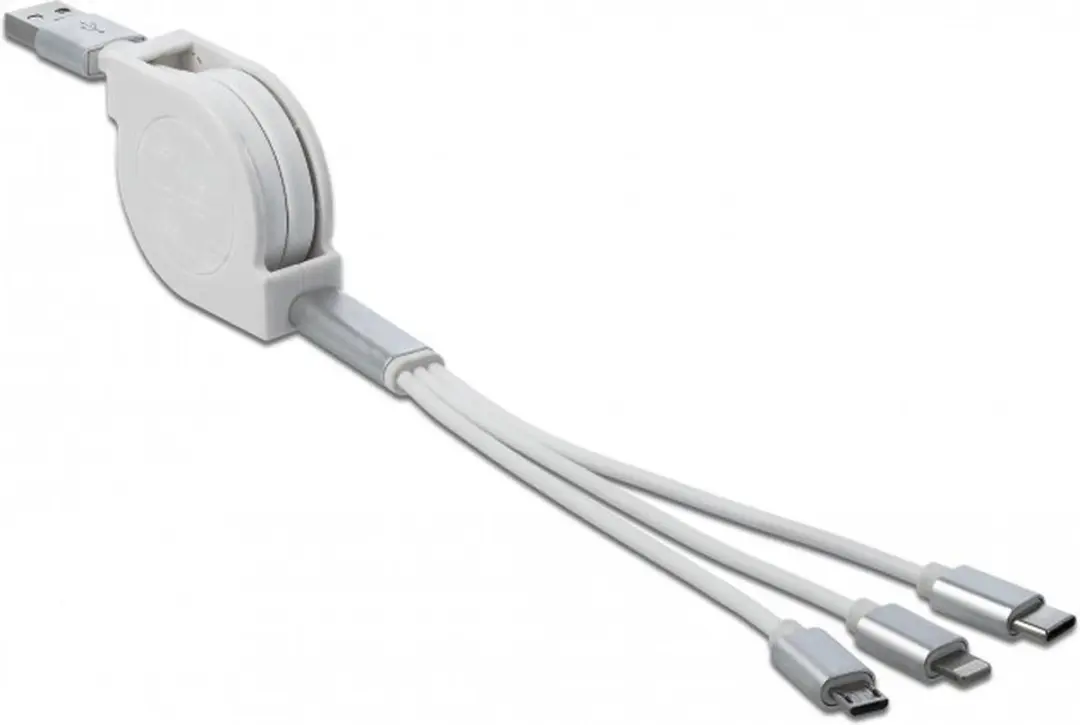 Delock USB 3.1 Type-A 3-in-1 Retractable Kabel - Wit - Lightning/Micro-USB/USB-C