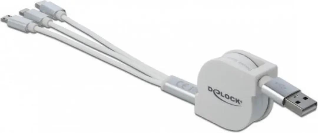Delock USB 3.1 Type-A 3-in-1 Retractable Kabel - Wit - Lightning/Micro-USB/USB-C