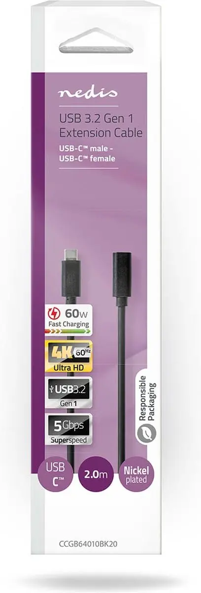 Nedis USB-C Kabel 60W 2m - USB 3.2 Gen 1 - Zwart