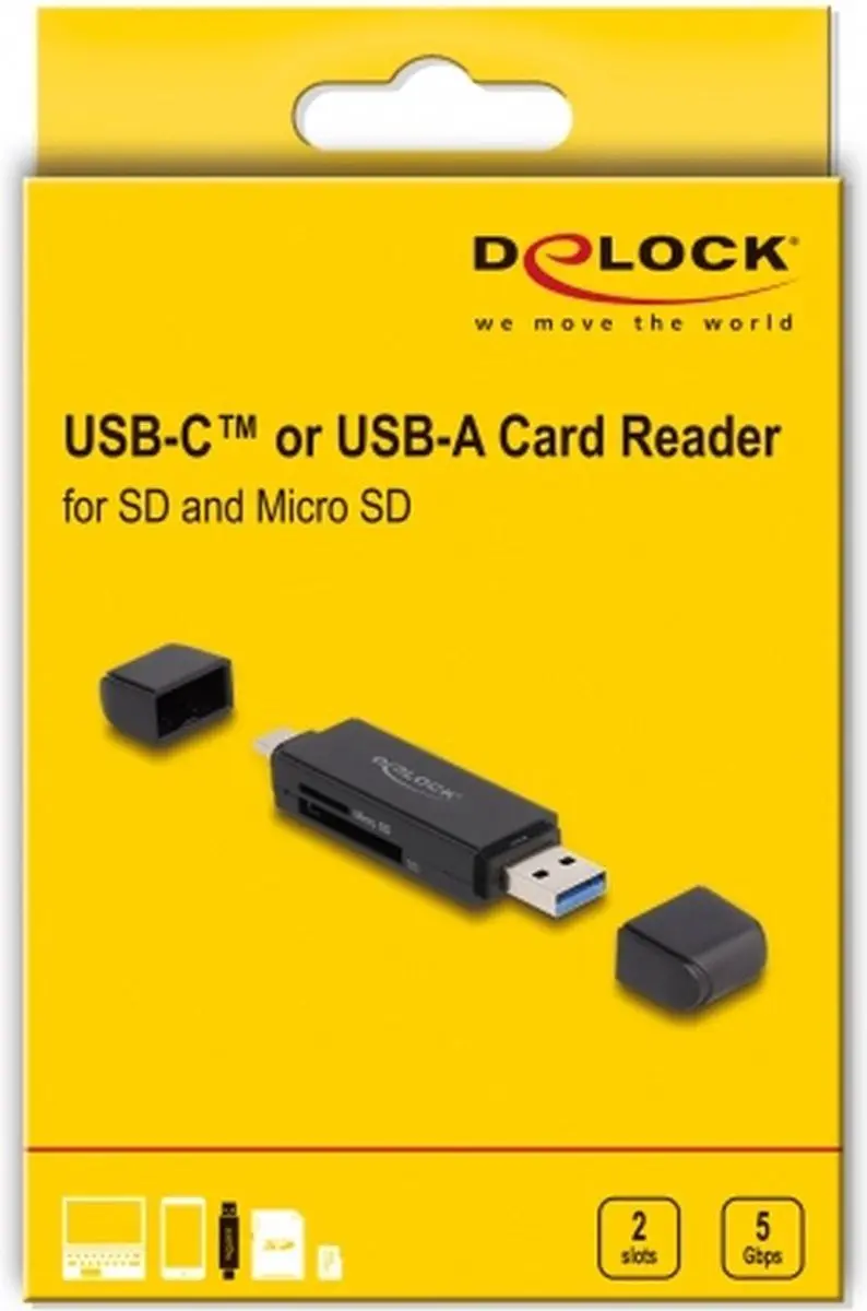 Delock Cardreader USB-C/USB-A 5Gbps - SD/MicroSD - Zwart
