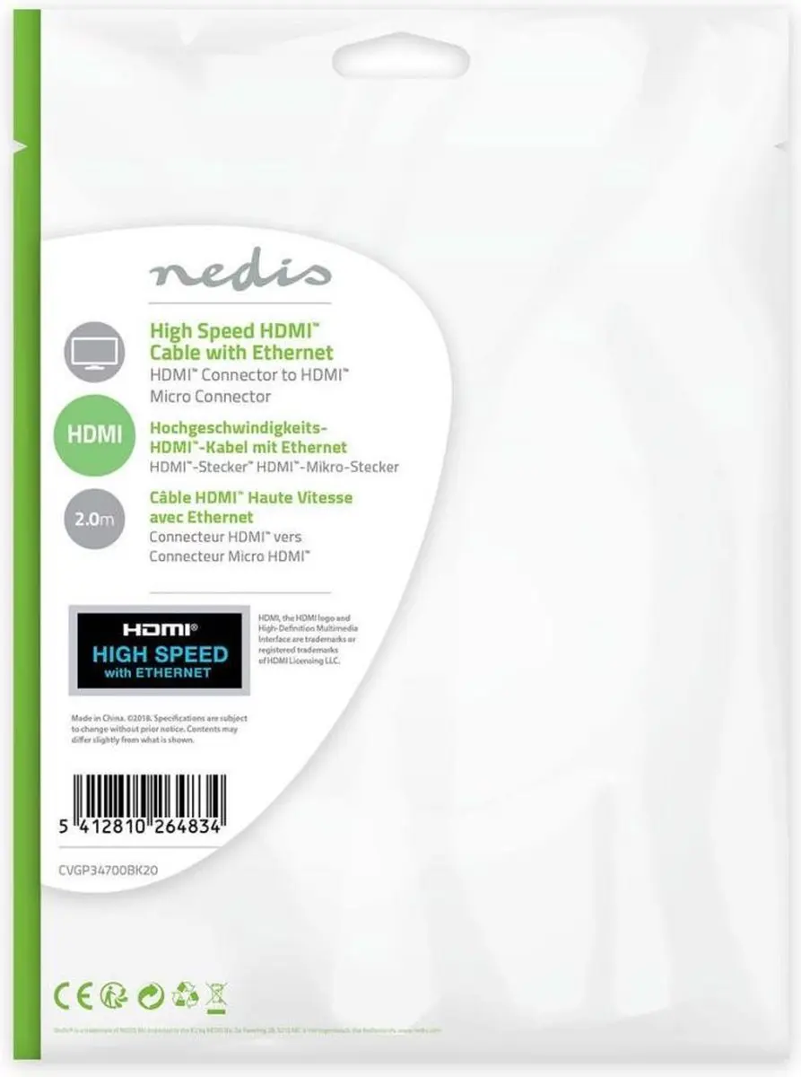Nedis HDMI-Kabel CVGP34700BK20 - 4K@30Hz - 2m - Zwart