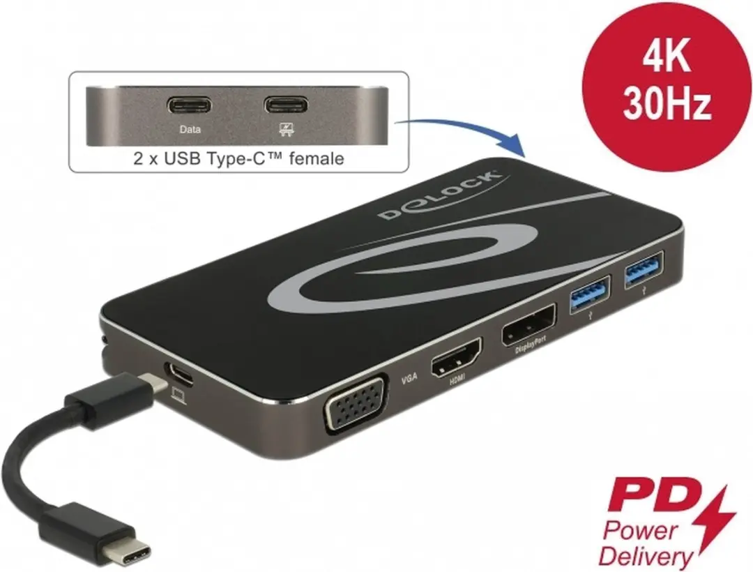 Delock USB-C 3.2 Dockingstation 4K HDMI/1080p VGA - PD 3.0 - Zwart