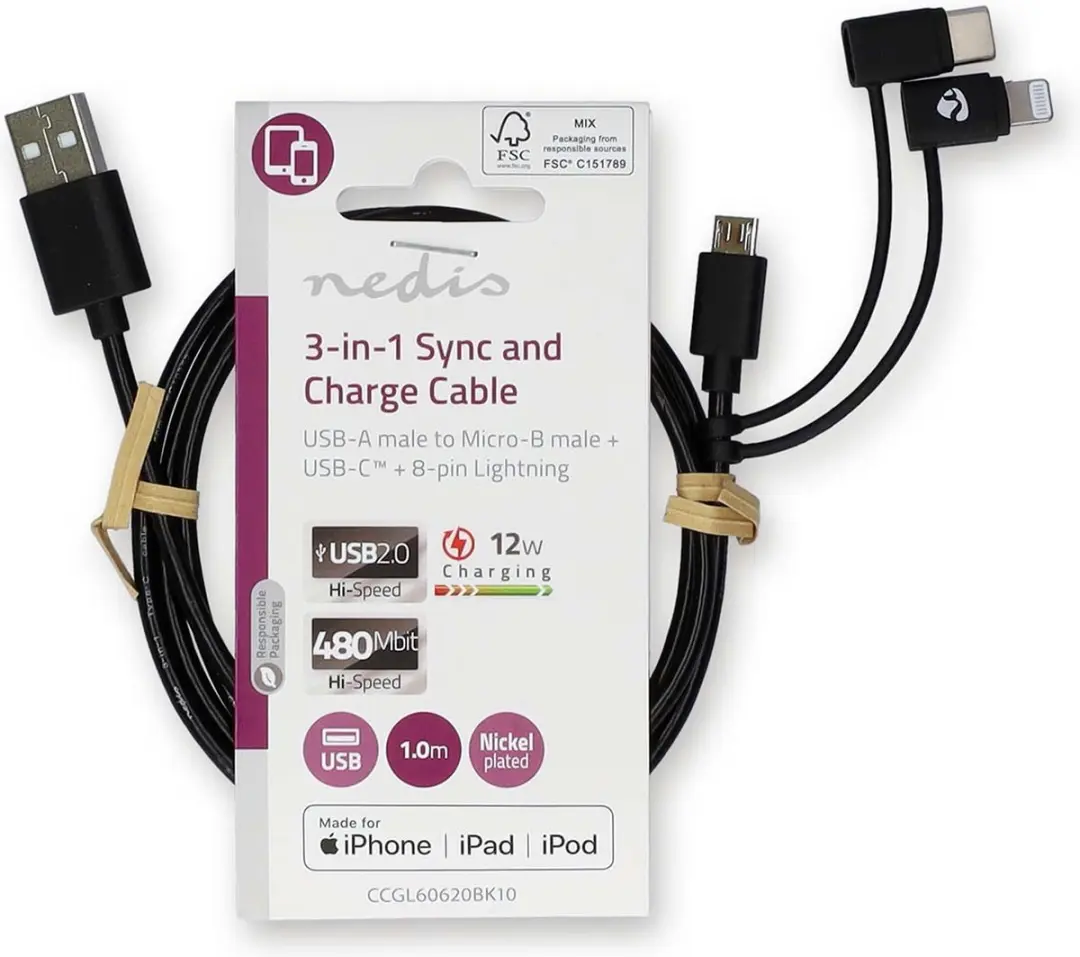 Nedis 3-in-1-Kabel CCGL60620BK10 - USB 2.0 - 1.00m - Zwart