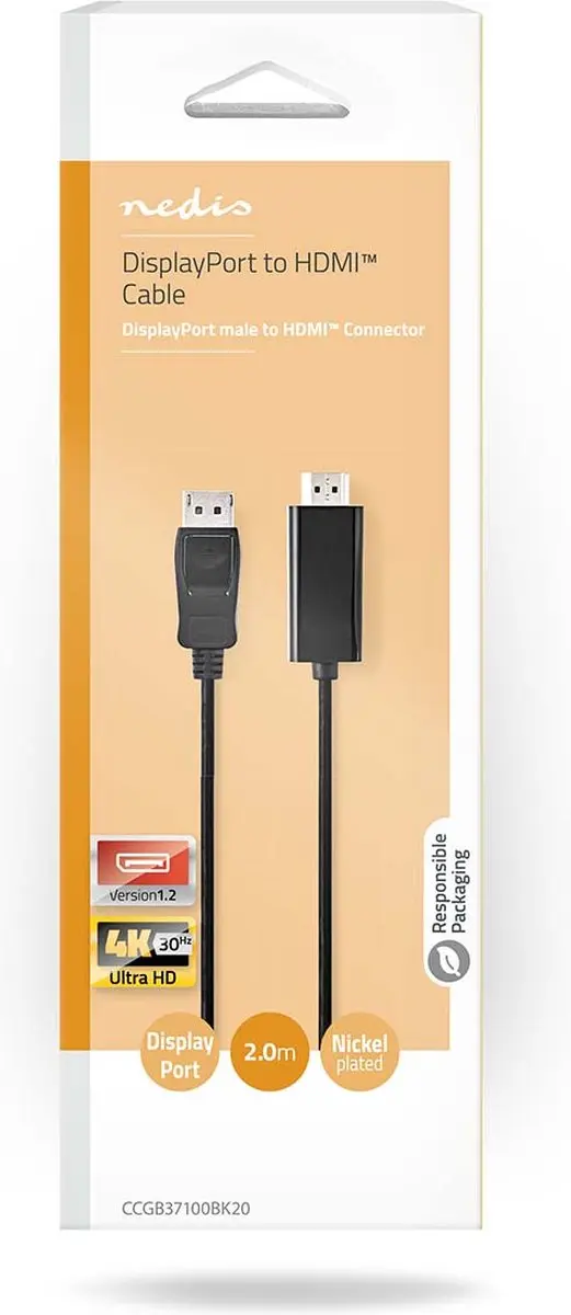 Nedis DisplayPort naar HDMI Kabel 2m - 4K@30Hz - Zwart