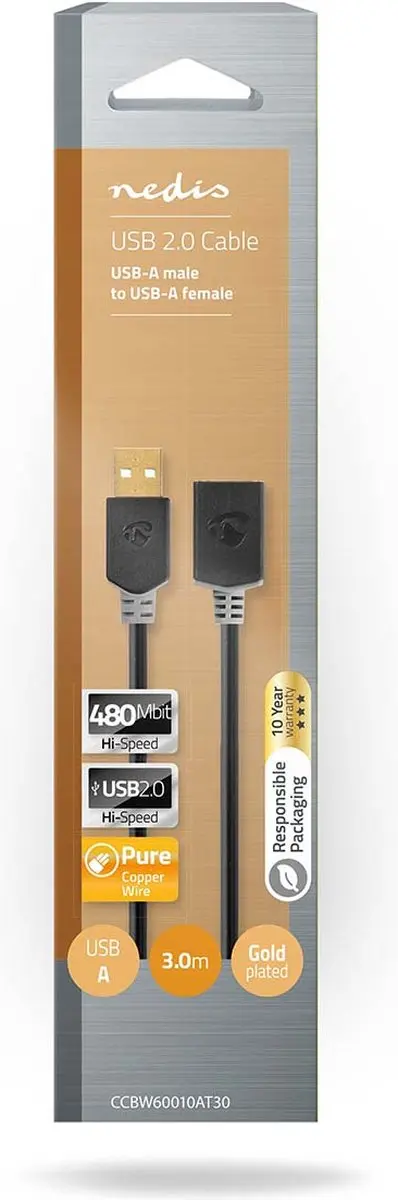 Nedis USB-A Kabel 480 Mbps Verguld 3m Antraciet