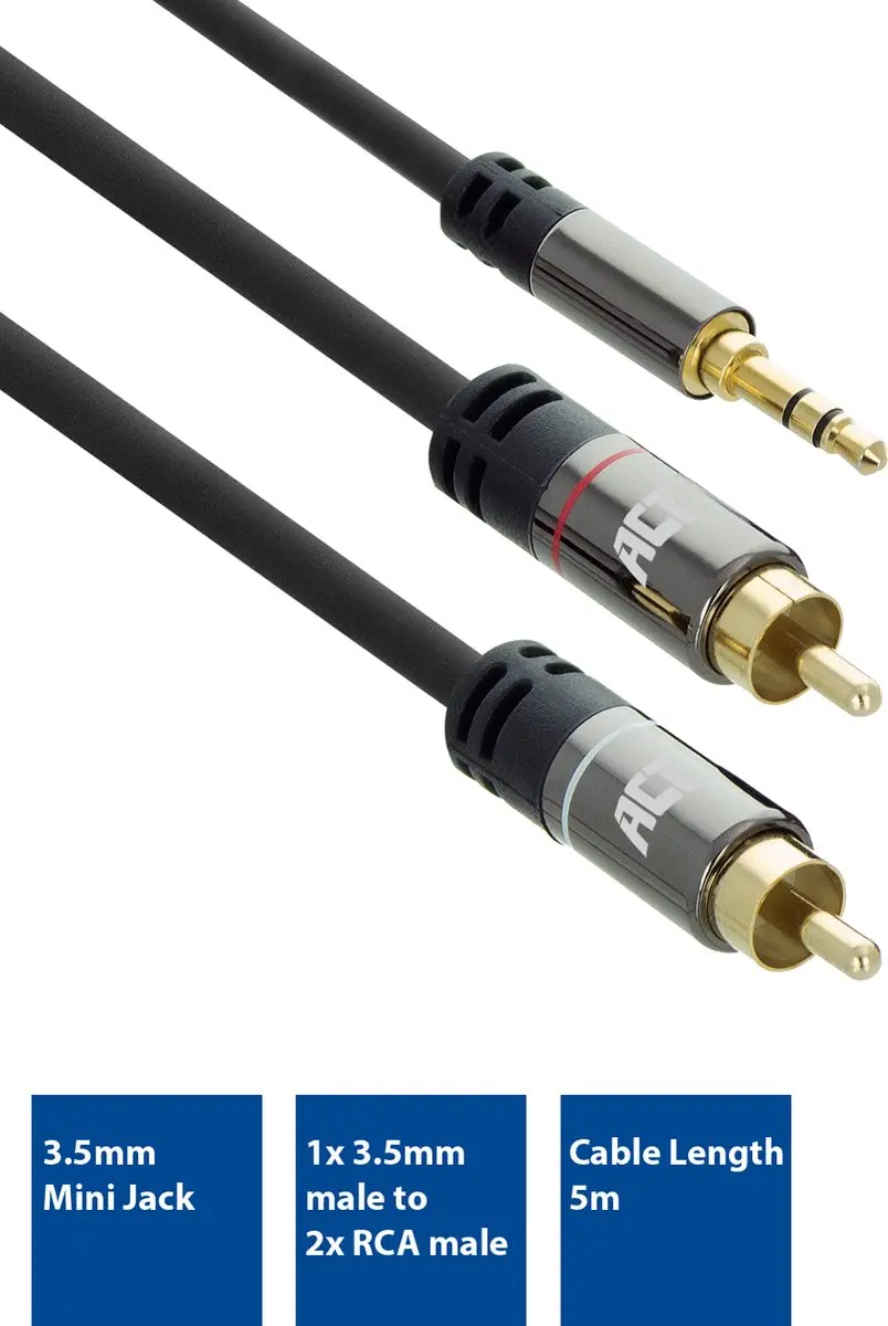 ACT AC3607 Audiokabel 5m - 3,5mm Jack naar 2x Tulp - Zwart