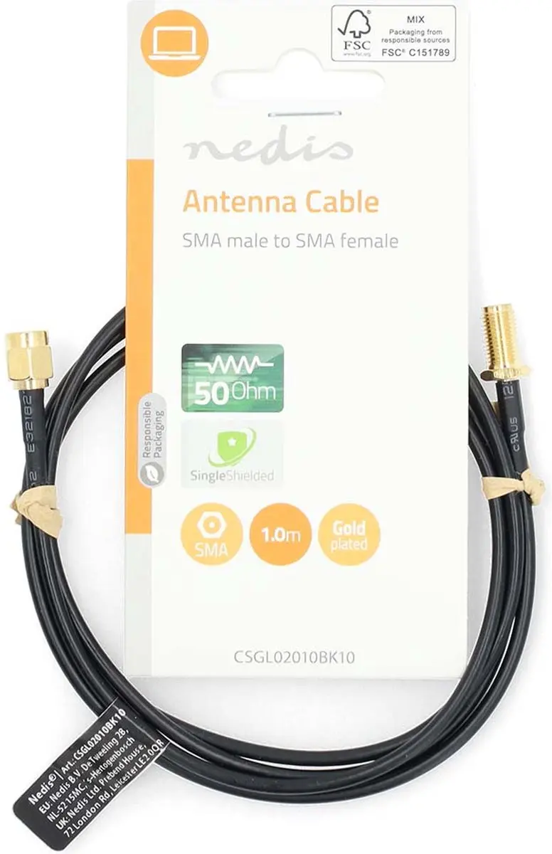Nedis Antennekabel SMA Male-Female 1m - Verguld - 50 Ohm - Zwart