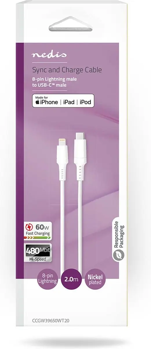 Nedis Lightning Kabel USB-C 2.0 2m - Wit