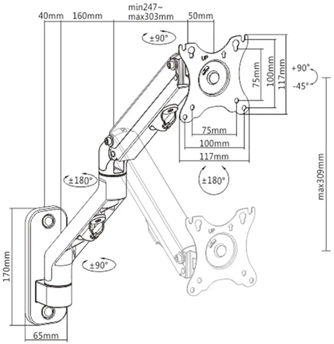 Gembird MA-WA2-01 TV Wandbeugel - 14 kg - Zwart